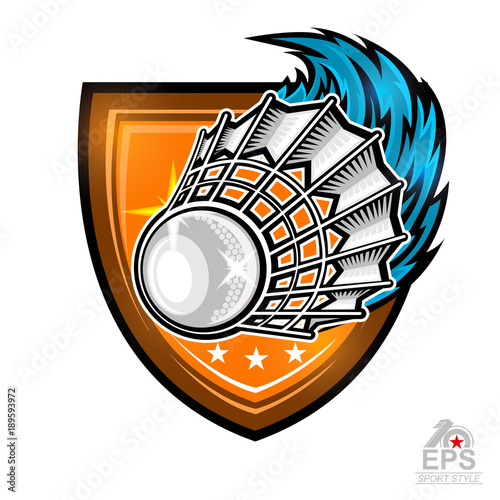 Shuttlecock with wind trail in center of shield. Sport logo isolated on white for any badminton team or championship