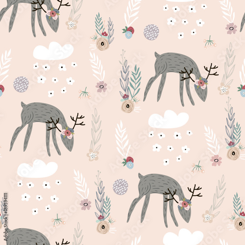 Seamless pattern with deers, floral elements, branches. Creative woodland background. Perfect for kids apparel,fabric, textile, nursery decoration,wrapping paper.Vector Illustration