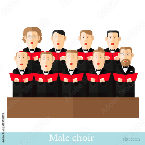Fototapete Flat style male choir in two raws with black suits and red cover notes on white