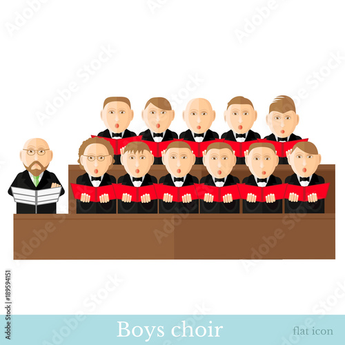 Flat style leader and boys choir in two raws with black suits, red cover notes isolated on white.