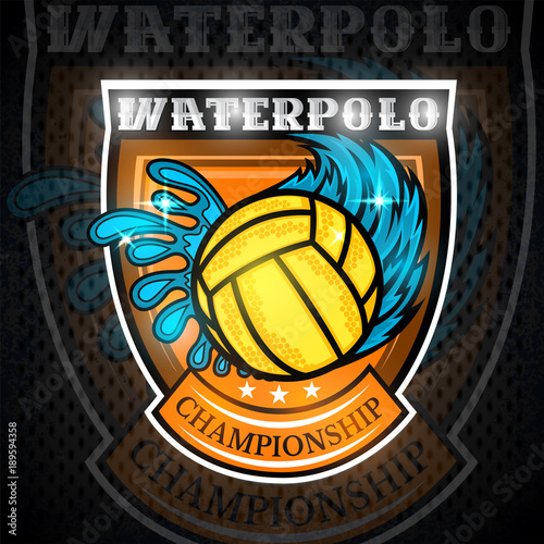 Water polo ball between water splash and wind trail in center of shield. Vector sport logo on blackboard for any team or competition