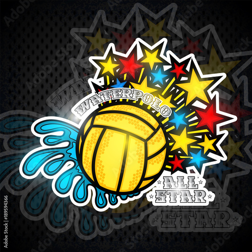 Water polo ball between water splash and flying out stars. Vector sport logo on blackboard for any team or competition