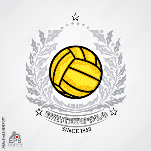 Water polo yellow ball in center of silver holy wreath isolated on white. Sport logo for any team