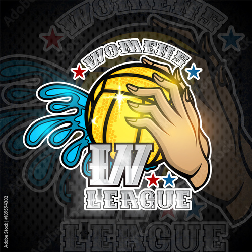 Two hand hold water polo ball and water splash. Vector sport logo on blackboard for any women team or competition