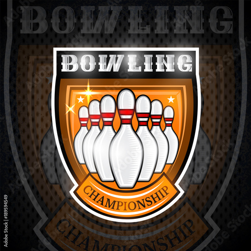 Bowling skittles in center of shield. Sport logo for any team or championship