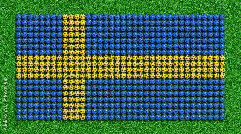 Flag of Sweden from soccer balls on grass field. 3D render. Flag of Sweden from soccer balls on grass field. 3D render.