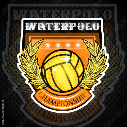 Waterpolo ball in the middle of gold wreath in center of shield. Sport logo for any team or competition