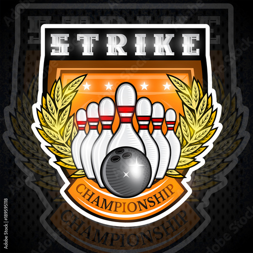Bowling skittles and ball in center of golden wreath on the shield. Sport logo for any team or championship.