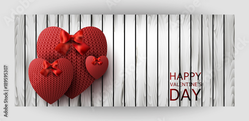 Template horizontal gift card design with red knitted hearts on a wooden background. For Valentine's Day, Wedding, Birthday. Vector.