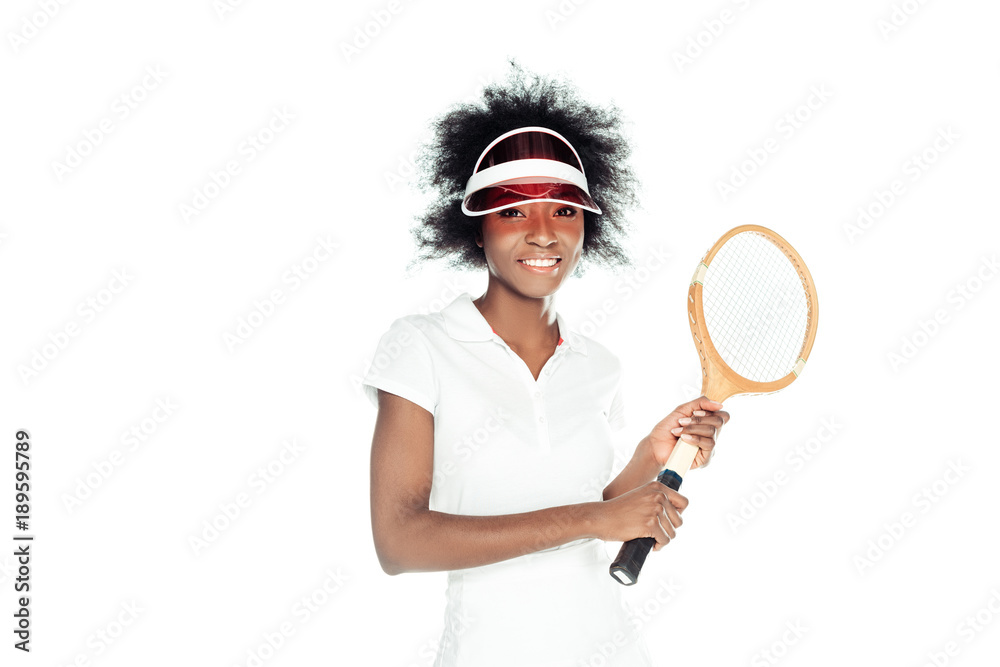 happy young female tennis player with racket isolated on white happy young female tennis player with racket isolated on white