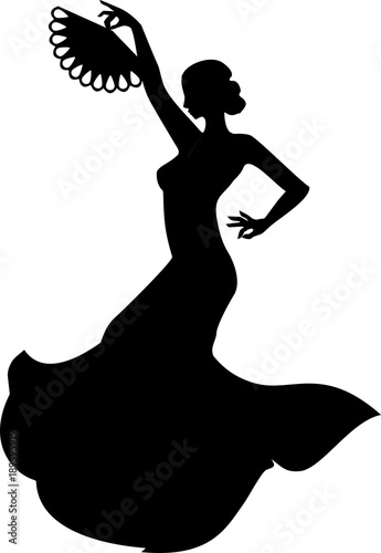 Silhouette of flamenco dancer with fan in her raised hand