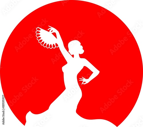 Silhouette of flamenco dancer with fan in her raised hand on round red background