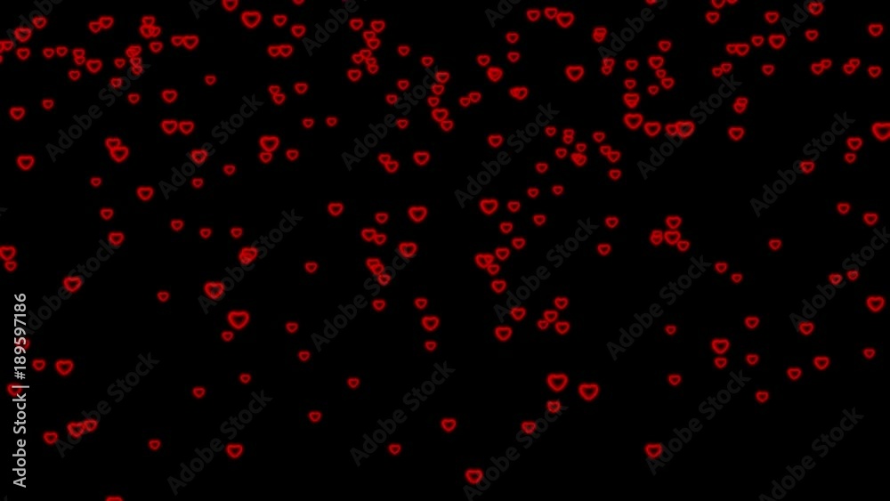 Animation of glowing falling hearts on a black background.