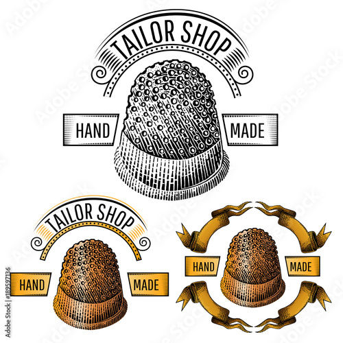 Three engraving banners with golden and black thimble in the middle of ribbons isolated on white. Vintage style for tailor or sewing design