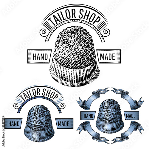 Three engraving banners with silver and black thimble in the middle of ribbons isolated on white. Vintage style for tailor or sewing design