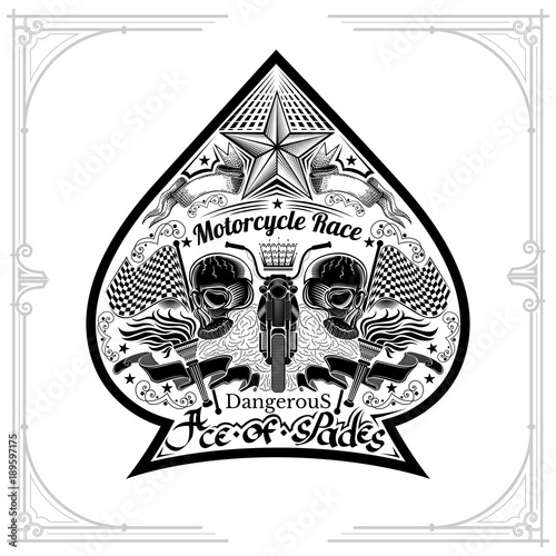 Motorbike front view between two skulls flags and torch nside ace of spades form. Vintage motorcycle design playing card or t t-shirt element black on white