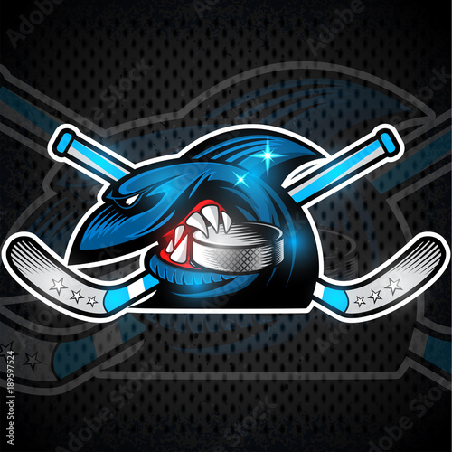 Shark face in profile with crossed sticks and hockey puck in teeth. Logo for any sport team or competition