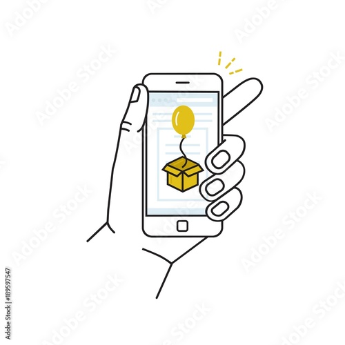 Vector line style illustration with hand holding mobile phone and gift box with baloon message. Graphic design concept for e-mail newsletters, mobile apps, headers, banners and print.