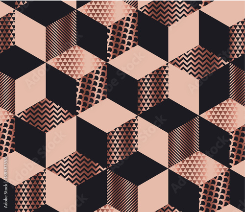 Luxury geometric shapes mosaic in pale rose gold and black colors. Geometry cube and hexagon seamless pattern. photo