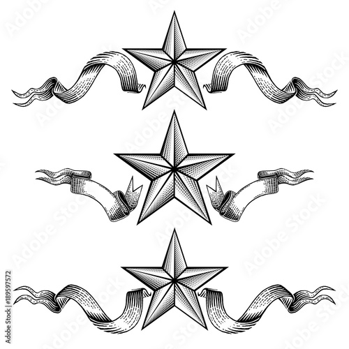 Three different banners with star in the middle of ribbons isolated on white. Vintage engraving style for print or design photo