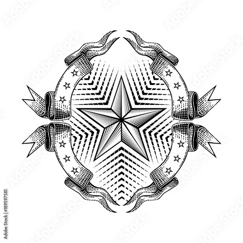 Engraving star in the middle of frame from ribbon isolated on white. Vintage style for print or design photo