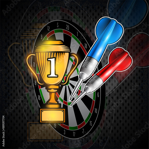 Red and blue darts with cup of first place on dartboard. Sport logo for any darts game or championship