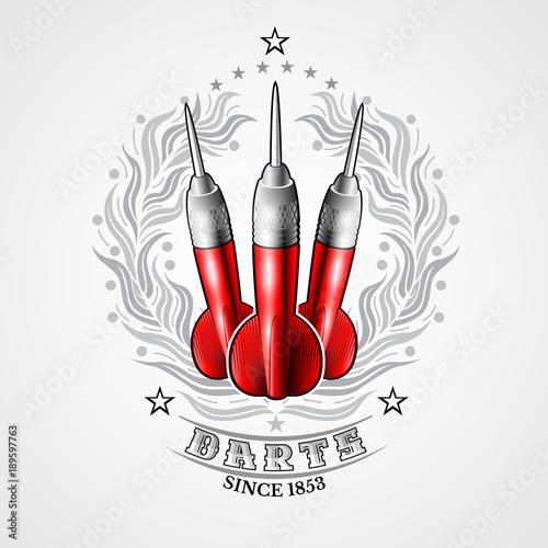 Three red darts in center of silver laurel wreath. Sport logo for any darts game or championship