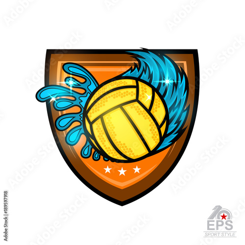 Water polo ball with water splash from one side and from other wind trail in center of shield. Vector sport logo for any team or competition isolated on white