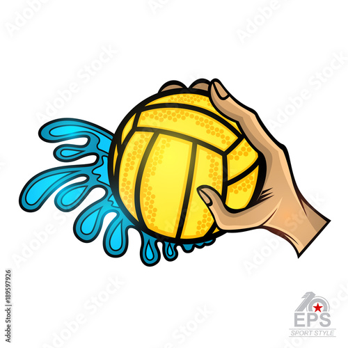 Hand hold water polo ball with water splash from one side. Vector sport logo for any team or competition isolated on white