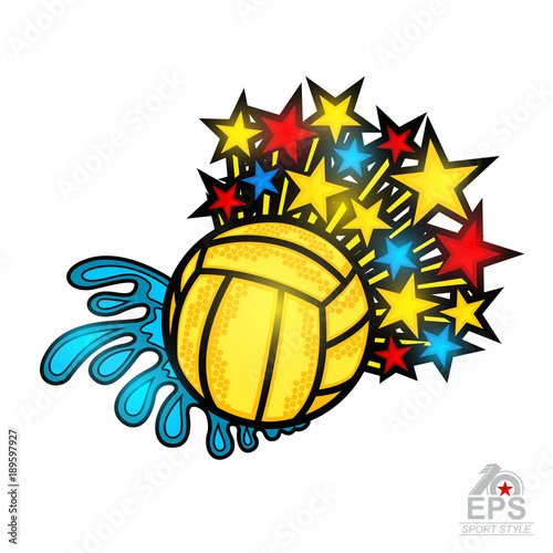 Water polo ball with water splash from one side and from other colored stars. Vector sport logo for any team or competition isolated on white