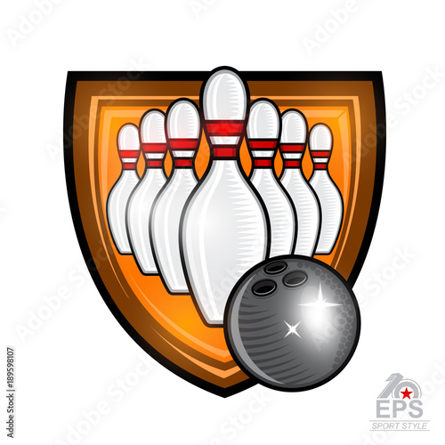 Bowling ball fly to skittles in center of shield isolated on white. Sport logo for any team or championship.