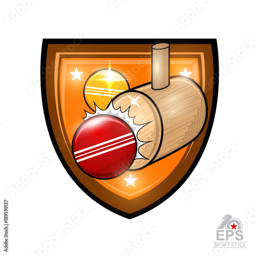 Mallet croquet hit red ball in center of shield isolated on white. Sport logo for any team or championship