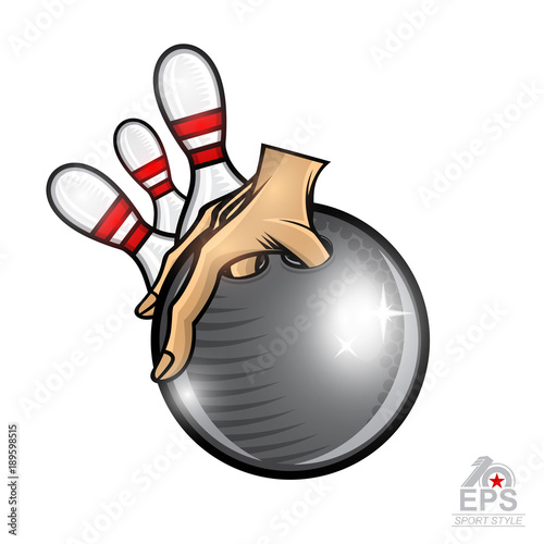 Three skittles behind the hand which hold bowling ball. Sport round logo for any team or championship isolated on white
