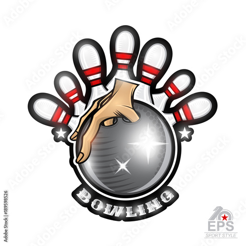 Hand hold bowling ball and skittles behind isolated on white. Sport round logo for any team or championship