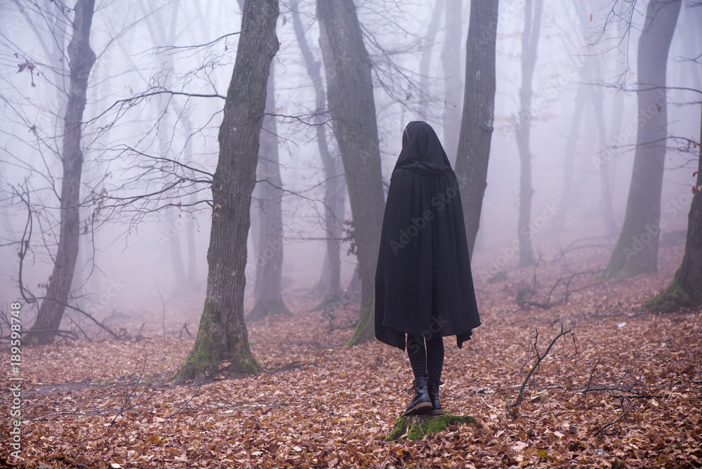 Girl in black hood standing on a stump deep in a dark forest. Waiting for magic to happen. Thick fog all around. Scary autumn scene Girl in black hood standing on a stump deep in a dark forest. Waiting for magic to happen. Thick fog all around. Scary autumn scene