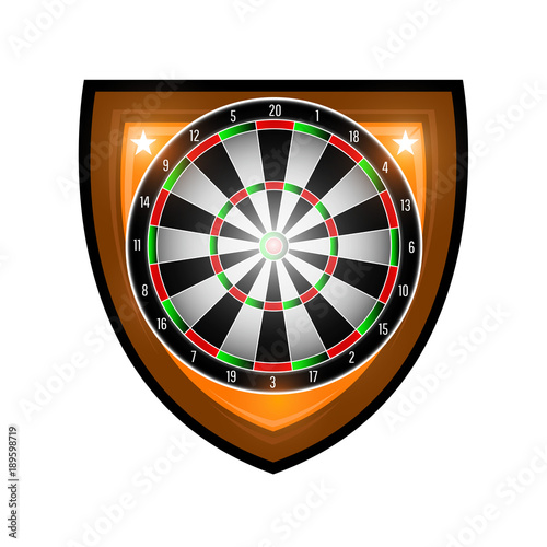 Round dartboard in center of shield isolated on white. Sport logo for any darts game or championship