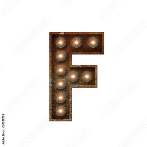 Rusted metal letter F light bulb font. 3D Rendering