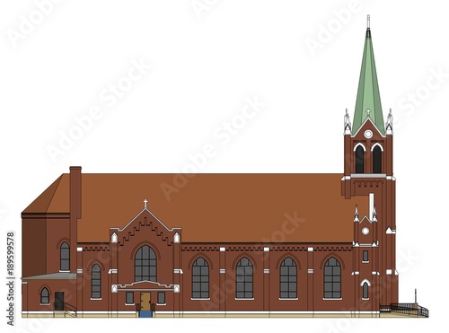 The building of the Catholic church, views from different sides. Three-dimensional illustration on a white background.
