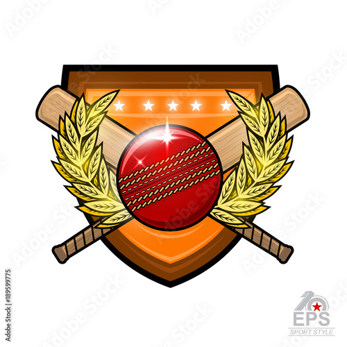 Cricket ball with crossed clubs in center of golden wreath on the shield. Sport logo for any team or championship on white