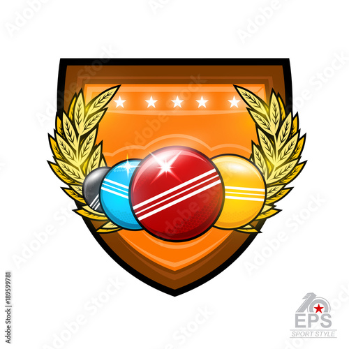 Four croquet balls between golden wreath in the center of shield. Sport logo for any team or championship on white