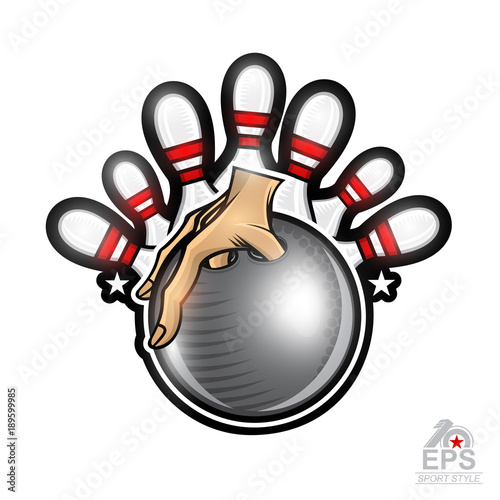 Hand hold bowling ball and skittles behind isolated on white. Sport round logo for any team or championship.