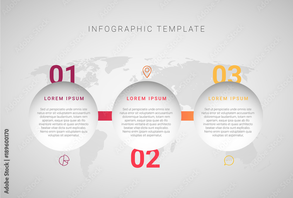 Fotografie Vector modern infographic template with three steps and world map in the backgro