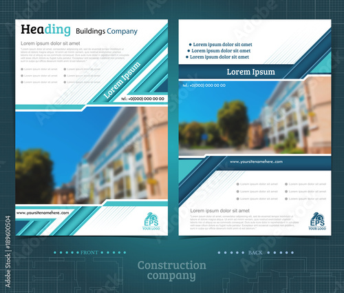 Two sided brochure or flyer template design with exterior blurred photo ellements. Mock-up cover in blue vector modern style
