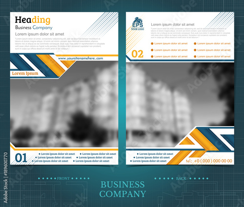 Two sided brochure or flayer template design with blurred black and white photo of buildings. Mock-up cover in blue and yellow abstarct vector modern pattern style