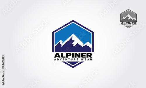 Alpiner Adventure Wear Vector Logo Template. Climbing logo, mountain expedition, camping adventure emblems. Included climb alpinism gear icons – helmet, carabiner, campfire and so on. photo