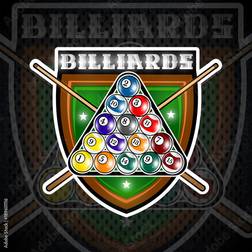 Pyramid of billiard balls with crossed cues in center of green shield. Sport logo for any team or championship