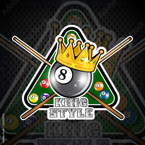 Billiard ball with crown and pyramyd gren table with crossed cues. Sport logo for any team or championship photo
