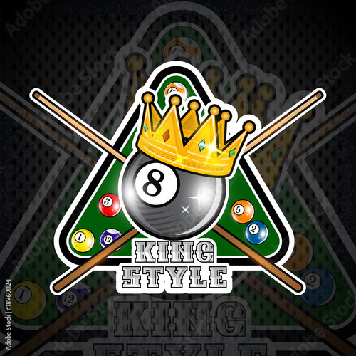 Billiard ball with crown and pyramyd gren table with crossed cues. Sport logo for any team or championship