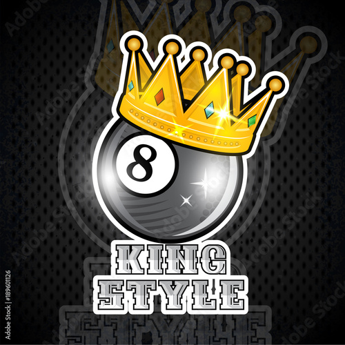 Billiard ball with golden crown with king style text. Sport logo for any team or championship