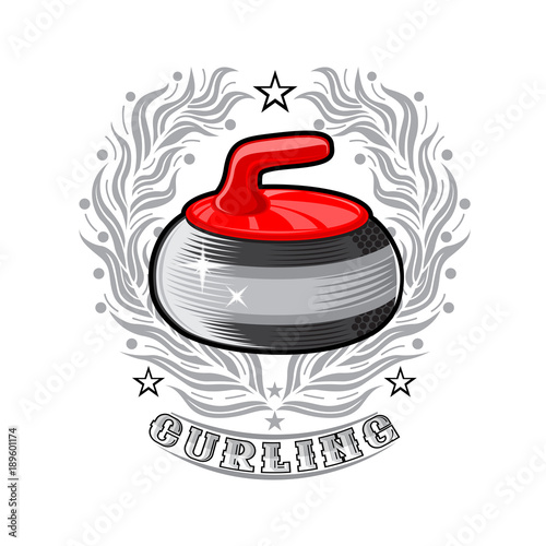 Red curling stone in center of silver wreath. Sport logo for any darts game and championship